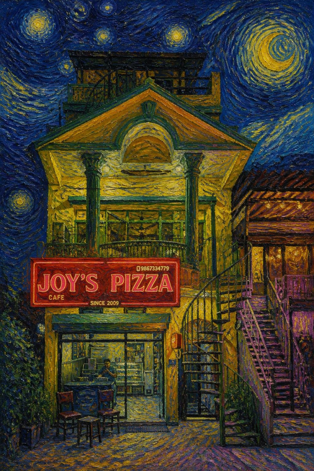 A painting of Joy's Cafe at night in the style of Van Gogh, with its red sign under a swirling starry sky